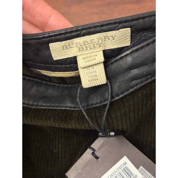 NWT Burberry Dark Khaki green corduroy / leather Straight skirt size 14 US - Picture 3 of 10